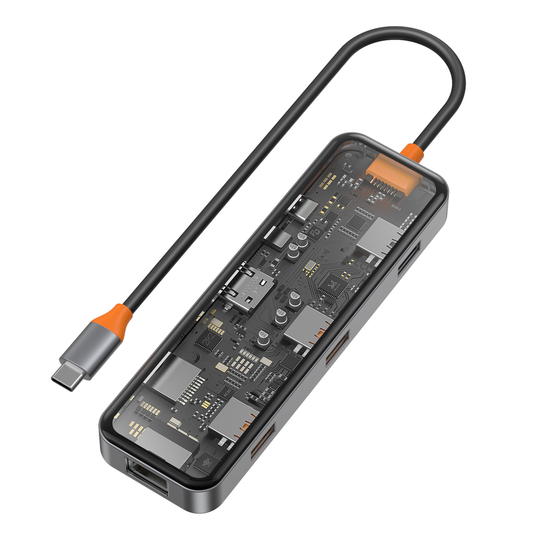Wiwu CB008 Cyber 8 in 1 Type-C Hub 100W Şarj Destekli Şeffaf Görünümlü SD Kart-RJ45-Hdmi-Usb Çoğaltıcı Gri