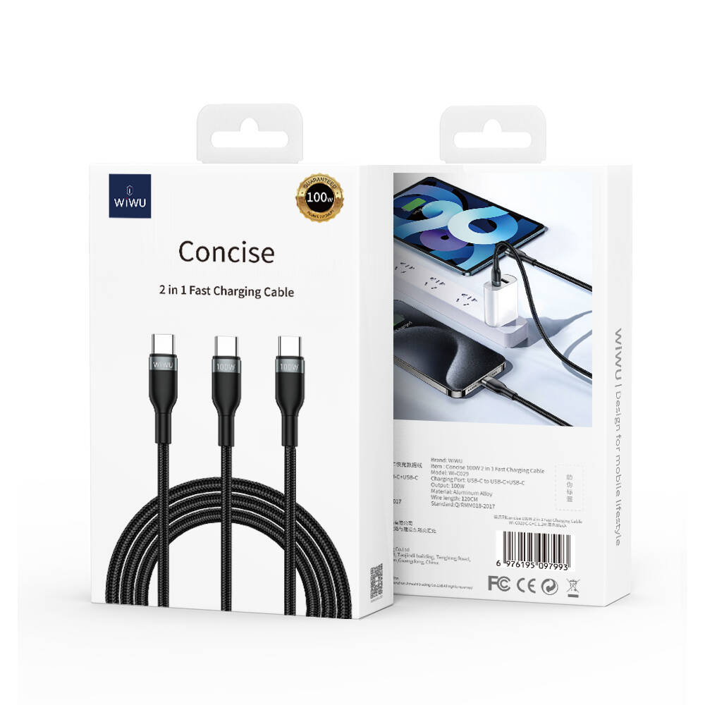 Wiwu Wi-C029 Concise Serisi 2in1 Type-C PD Data ve Şarj Kablosu 100W 1.2M Siyah