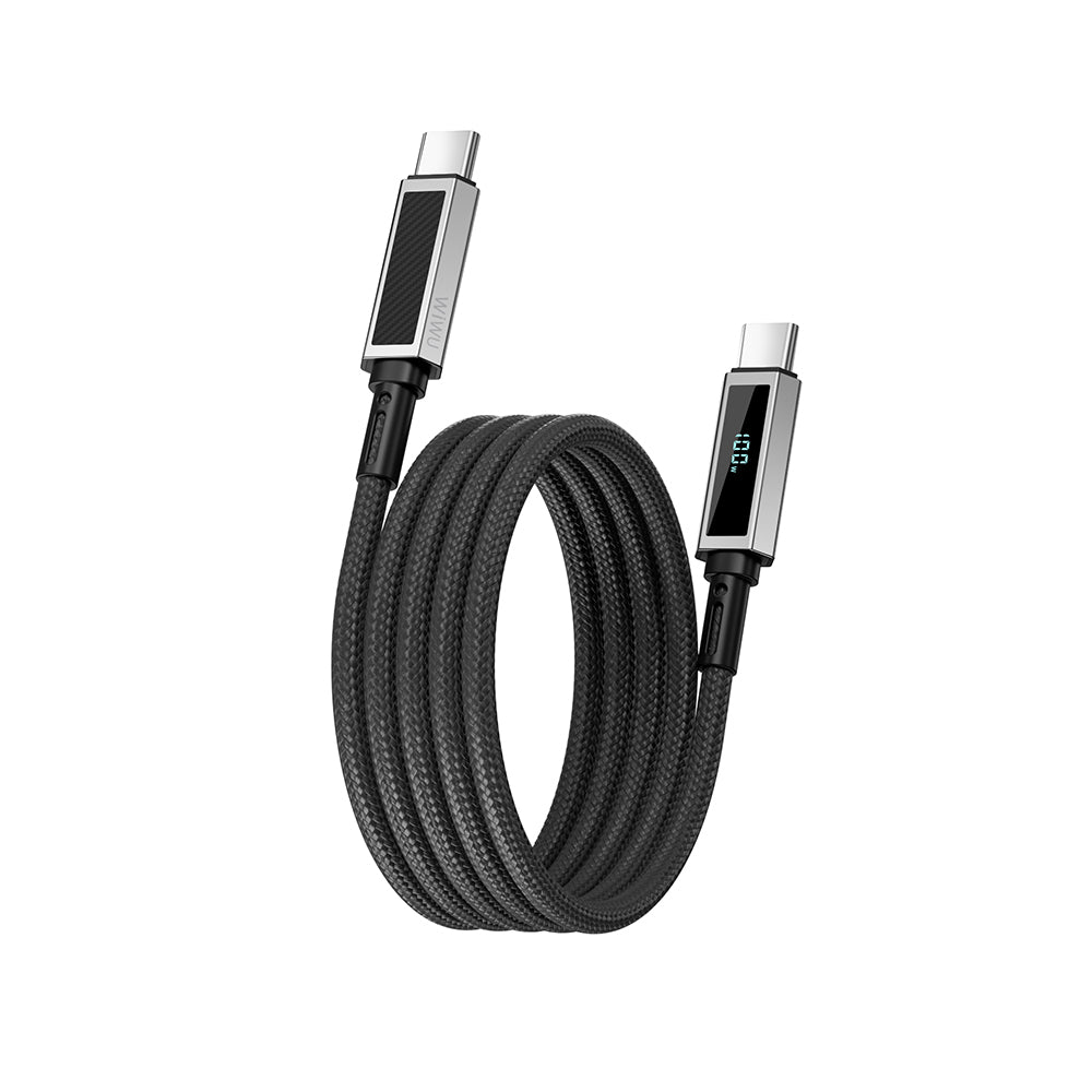 Wiwu Wi-C079 Warriors Serisi Aramid Fiber Dijital LED Göstergeli Type-C to Type-C PD Data ve Şarj Kablosu 100W 1.2M Siyah
