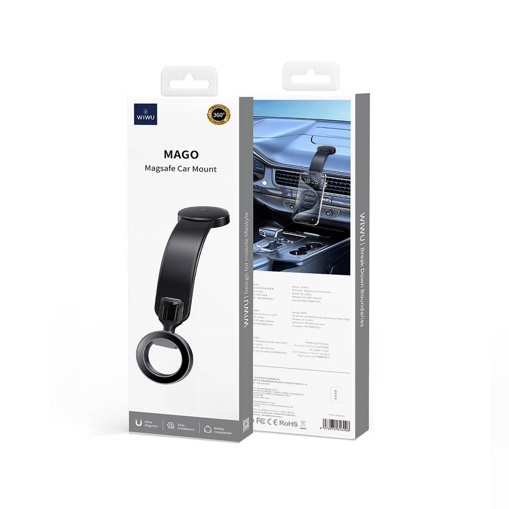 Wiwu Wi-CH053 Mago Serisi Magnetik M-safe Uyumlu Bükülebilen Eğimi ve Düz Zemin Araç Telefon Tutacağı Siyah
