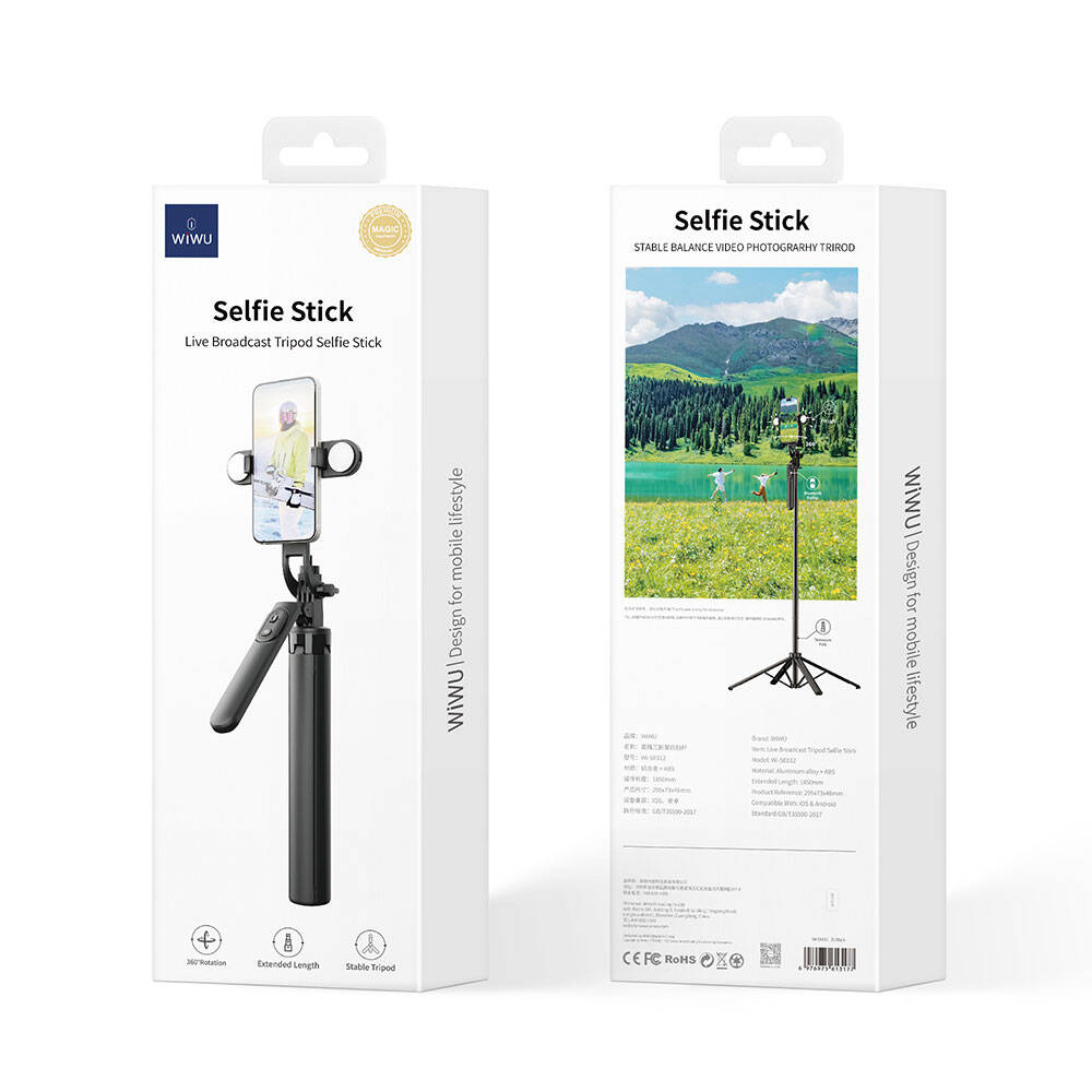 Wiwu Wi-SE012 Canlı Yayın Dolgu Işıklı Teleskopik Tripod ve Selfie Çubuğu Siyah