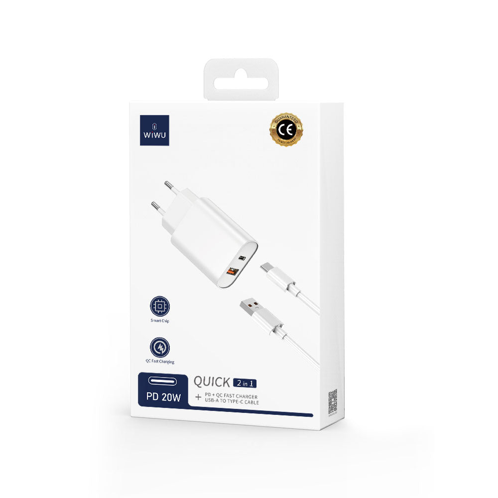 Wiwu Wi-U002 Quick Hızlı Şarj Başlığı USB-A to Type-C PD 20W Kablolu Şarj Seti Beyaz