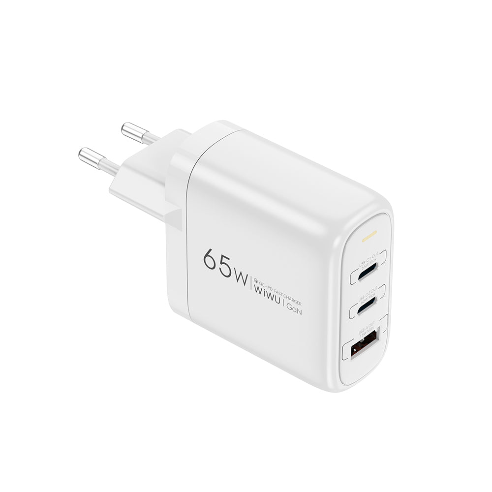 Wiwu Wi-U024 EU Serisi Dual Type-C PD & USB-A GaN Teknolojili Hızlı Şarj Başlığı 65W Beyaz