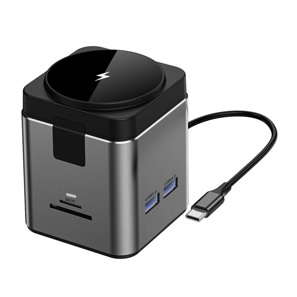 Wiwu Wi-W025 9in1 M-safe Şarj Özellikli Type-C Hub PD 100W USB 3.0 SD/TF HDMI RJ45 Gri