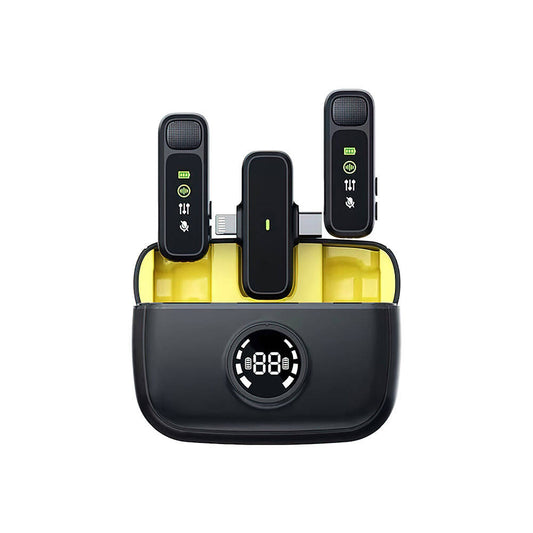 Wiwu Wi-WM003 Dijital LED Göstergeli Type-C & Lightning Portlu Çift Kablosuz Yaka Mikrofonu Siyah